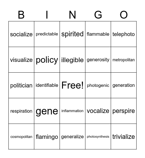 Vocabulary 6 Bingo Card