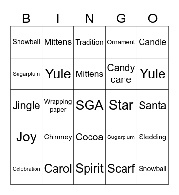 SGA Winter Celebration Bingo Card
