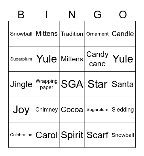 SGA Winter Celebration Bingo Card