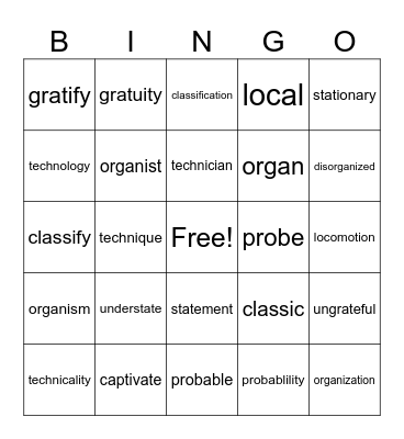 Vocabulary 4 Lesson 12-15 Bingo Card