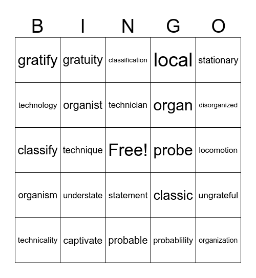 Vocabulary 4 Lesson 12-15 Bingo Card