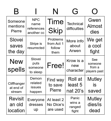 🎲No Dice🎲 Act 2 Ep 1 Bingo Card