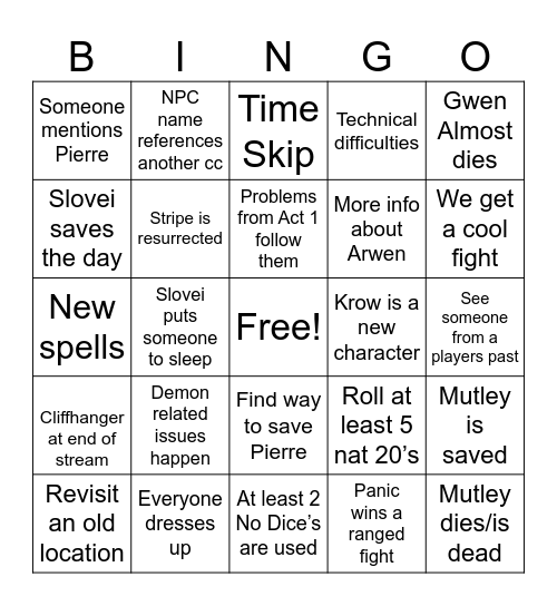 🎲No Dice🎲 Act 2 Ep 1 Bingo Card