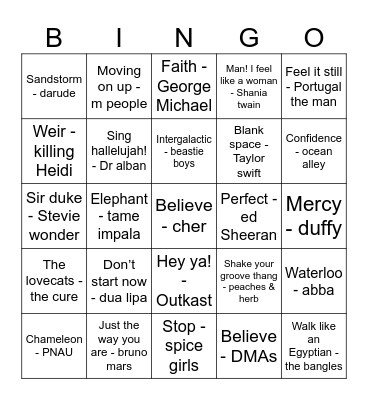 Musical Bingo - Pop Hits Bingo Card