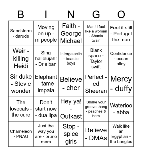 Musical Bingo - Pop Hits Bingo Card