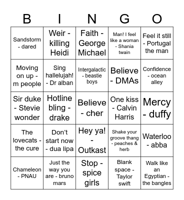 Musical Bingo - Pop Hits Bingo Card