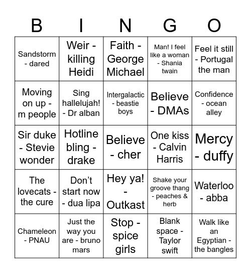 Musical Bingo - Pop Hits Bingo Card