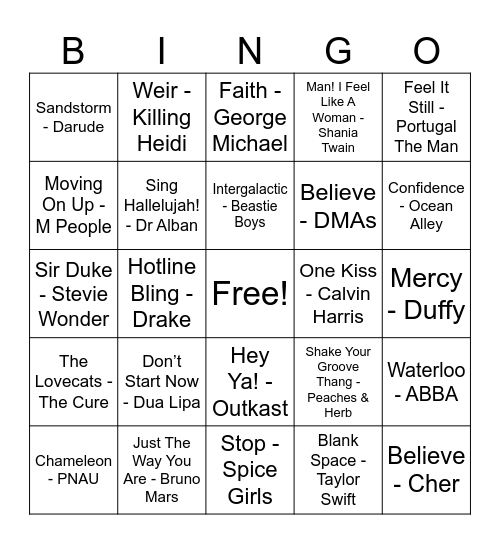 Musical Bingo - Pop Hits Bingo Card