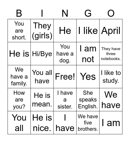 Greetings Bingo Card