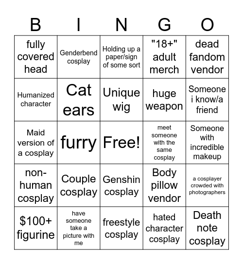 Cosplay Festival Bingo Card