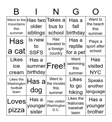 Classmate Bingo Card