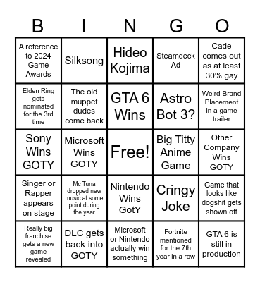 Game Awards 2025 Bingo Card