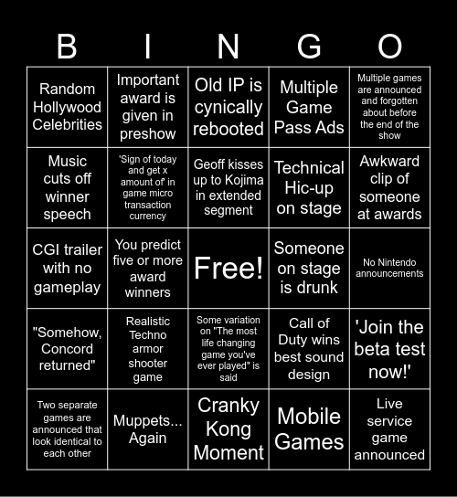 Game Awards 2024 Bingo Card