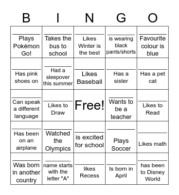 James Nisbit Grade 4/5 Bingo Card