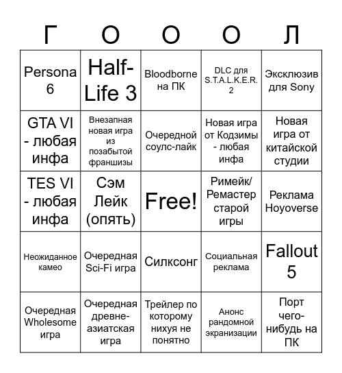 Summer Game Fest 2025 Bingo Card