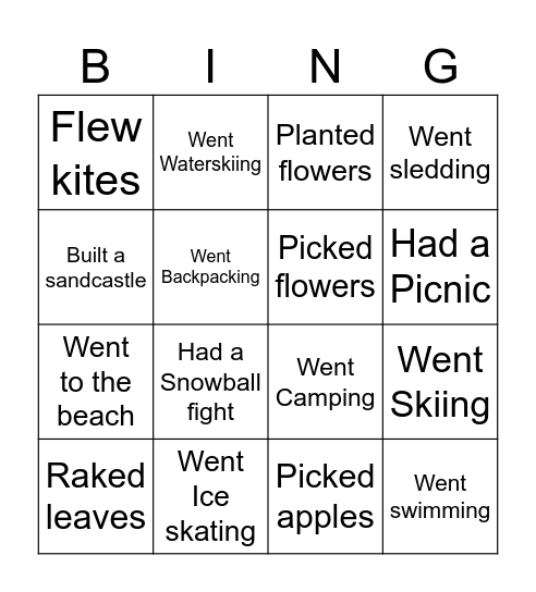 Activities Bingo Card