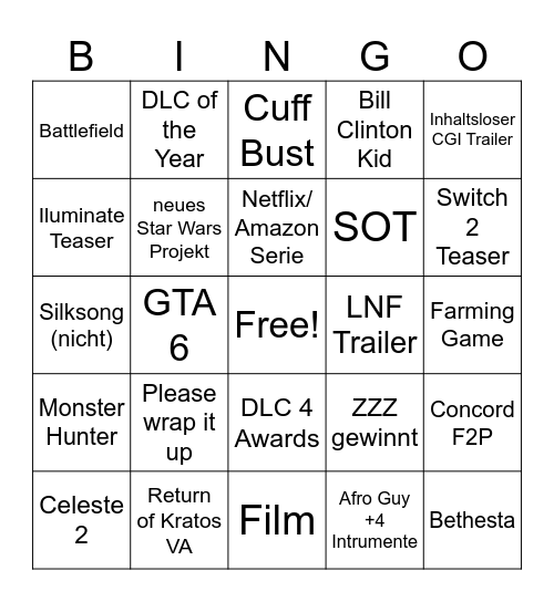 TGA Bingo Card