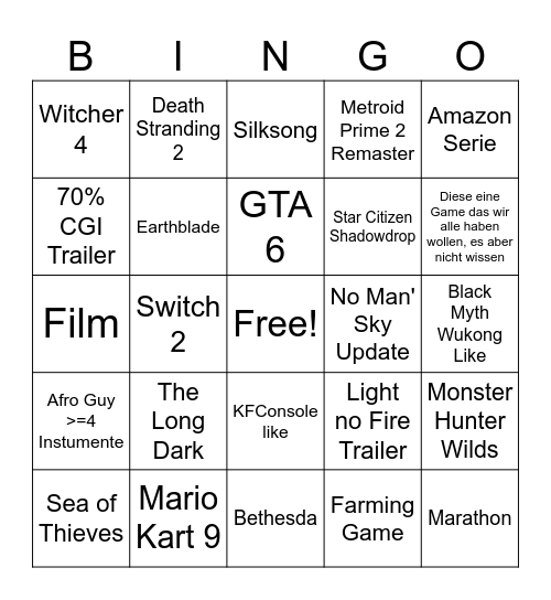 Game Awards Bingo Card