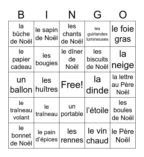 French Christmas Bingo Card