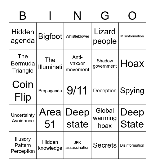 Conspiracy Theories Bingo! Bingo Card