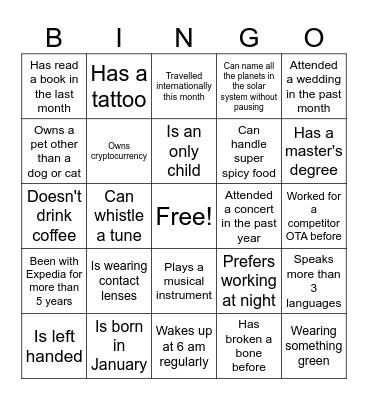 PGA Get to Know You BINGO Card