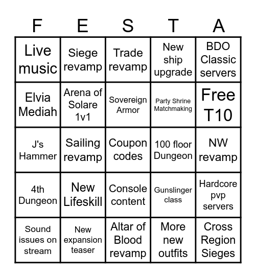 Black Desert Festa 2024 Bingo Card