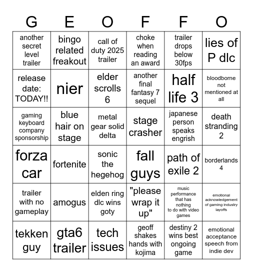 TGA 2024 Bingo Card