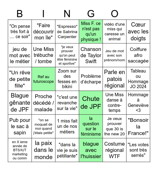Bingo Raclette Party Miss France 2025 Bingo Card