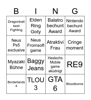 Game awards Bingo Card