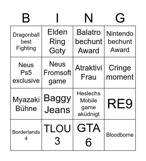 Game awards Bingo Card