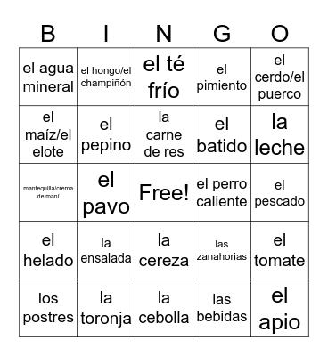La comida Bingo Card