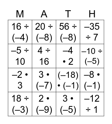 5.1: REVERSE MATHO Bingo Card