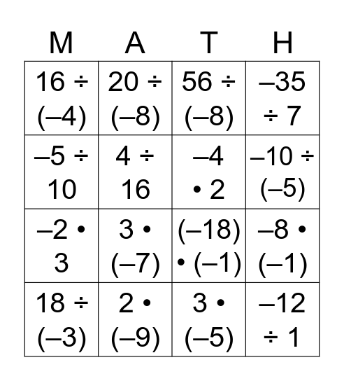 5.1: REVERSE MATHO Bingo Card