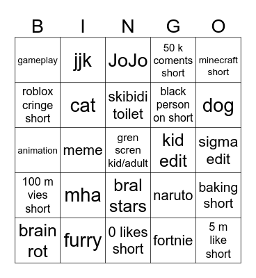 yt shorts Bingo Card