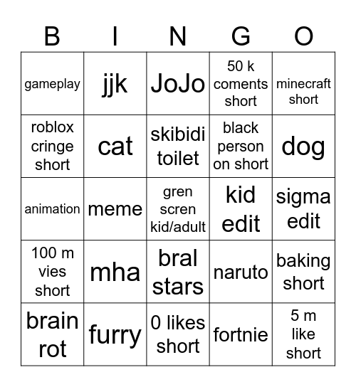 yt shorts Bingo Card