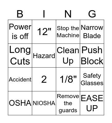 Safety Bingo Card