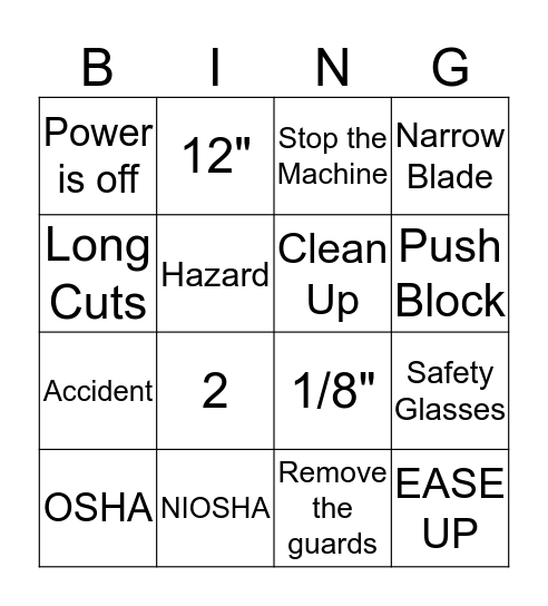 Safety Bingo Card