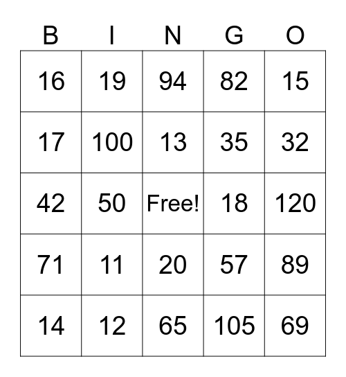 Number Bingo Card