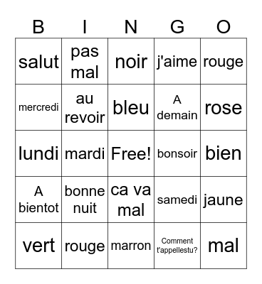 Bonjour Bingo Card