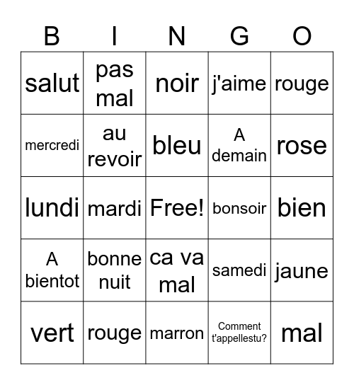 Bonjour Bingo Card