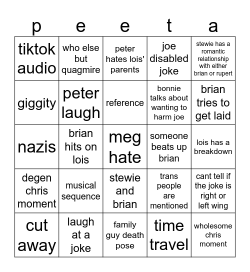 Family Guy Bingo Card