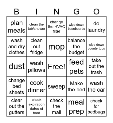 Home Management Bingo Card