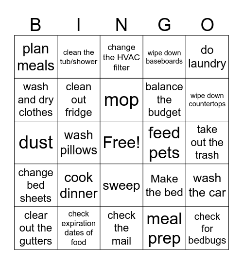 Home Management Bingo Card