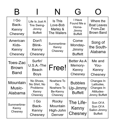 Trop Rock Bingo Card