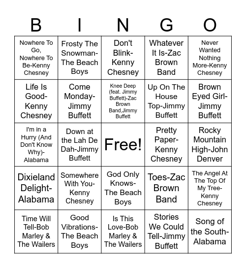 Trop Rock Bingo Card