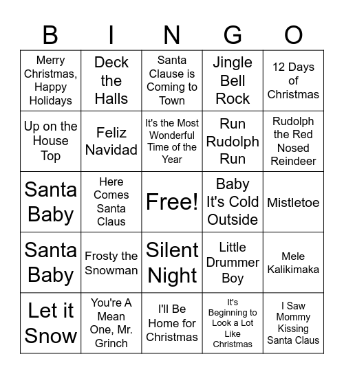 Christmas Songs Bingo Card