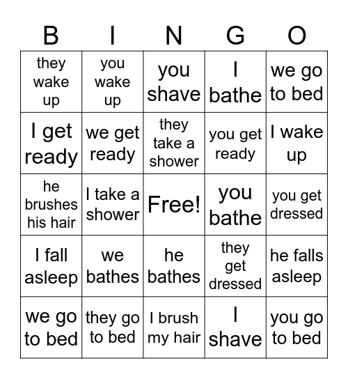 Reflexive Verb Conjugation Bingo Card