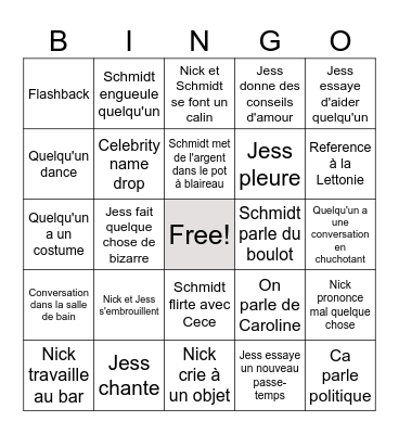 New Girl Bingo Card