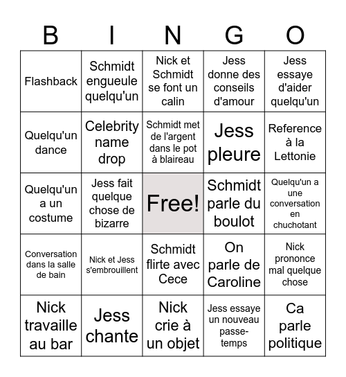 New Girl Bingo Card