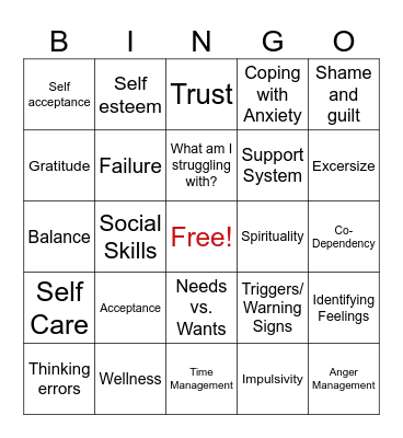 Recovery  Bingo Card